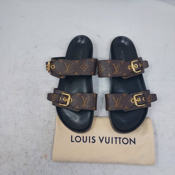 Louis Vuitton Shoes - Louis Vuitton Brown Buckle Bom Dia Monogram Flat Slide Sandal